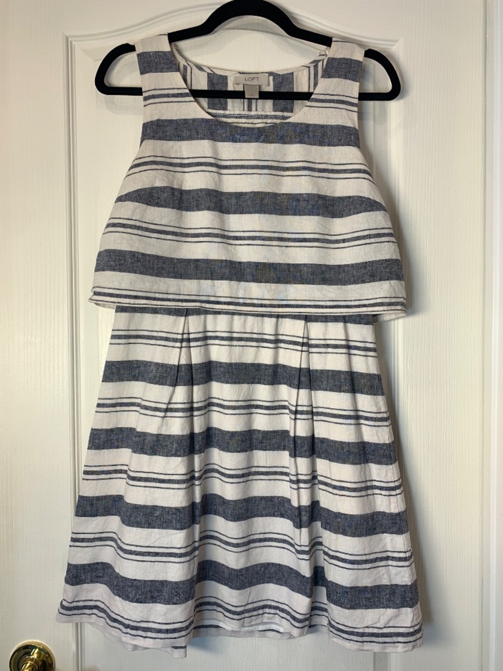 LOFT Nautical Stripe Dress Linen Blend Layered Look Blue White Summer Beach Size